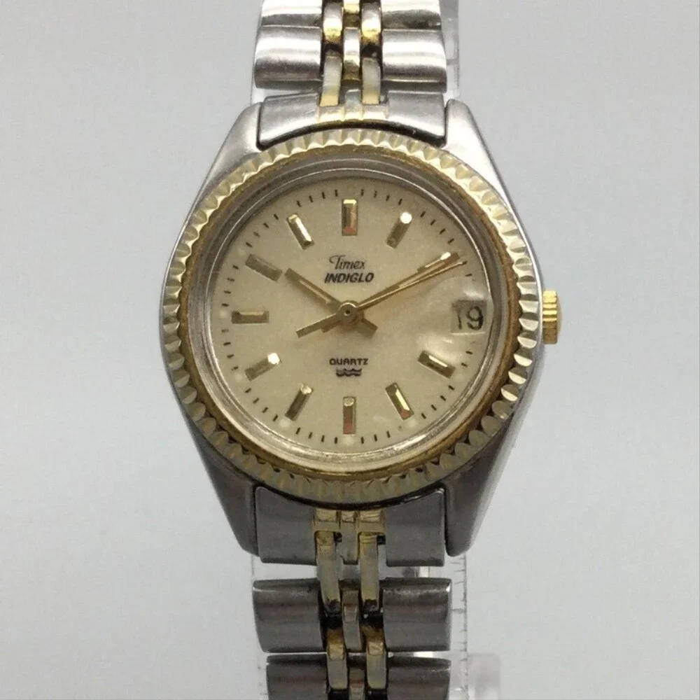 Timex Indiglo Womens Watch 24mm Champagne Dial Two Tone Date New Battery 6.5